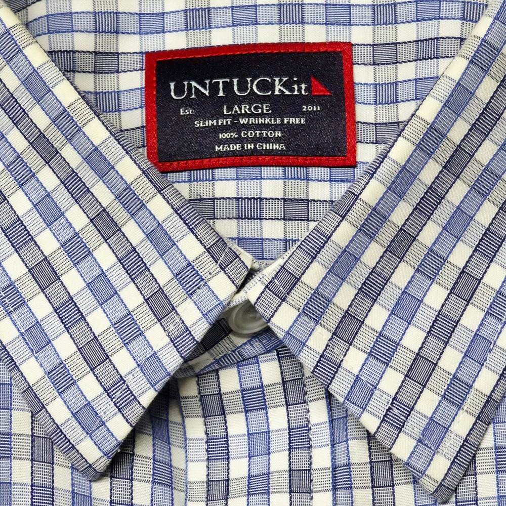 UNTUCKit Button‎ Down Men's Shirt Large Blue White Slim Fit Wrinkle Free Check - Picture 2 of 12